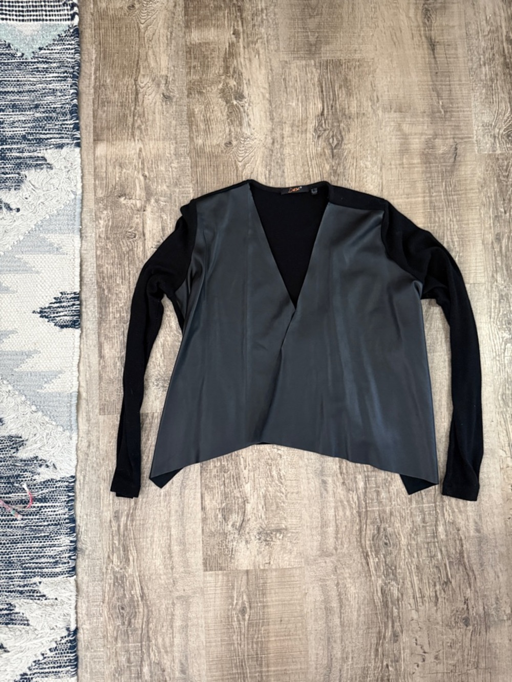 Dex Black and Charcoal Faux-Leather Front Wrap Top